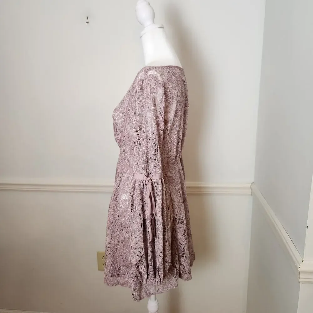 Free People Dress XS Womens Mini Crochet Lace Sheer Mauve Purple Boho Coquette